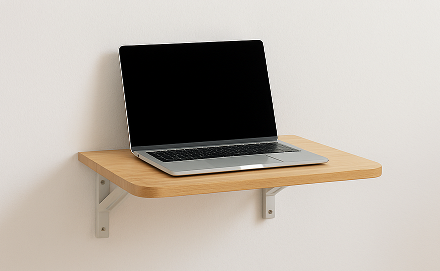 Wooden folding laptop table mounted on wall with a laptop on it